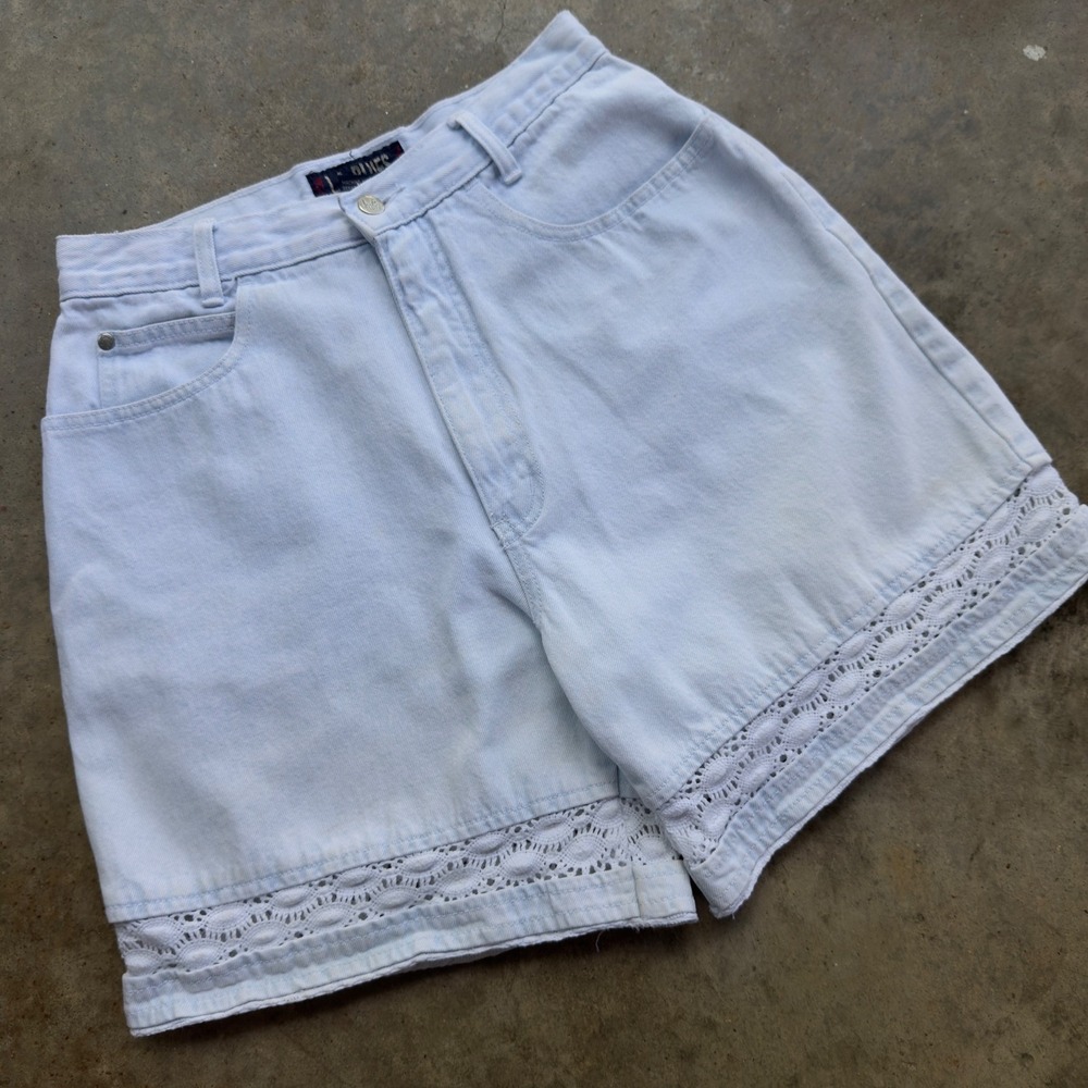 Vintage 90s L.A. Blues Denim Shorts Crochet Lace Trim Jorts Light Blue 10 (d1a)